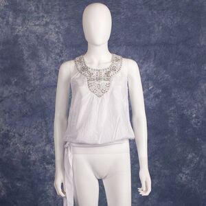 Forever 21 White Top Peasant Boho Silver Embroidered Beaded Sz S